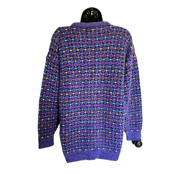 VTG PURPLE RETRO SWEATER 80s 90s Long EMBROIDERED CREST POCKET BY KITTYHAWK
 M - Picture 3 of 4